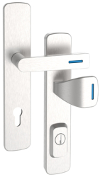 Sicherheitsbeschlag Rostex RX1 Astra RC3, Edelstahl matt, Luminoblau, Bologna-Griff � Vierkantgriff